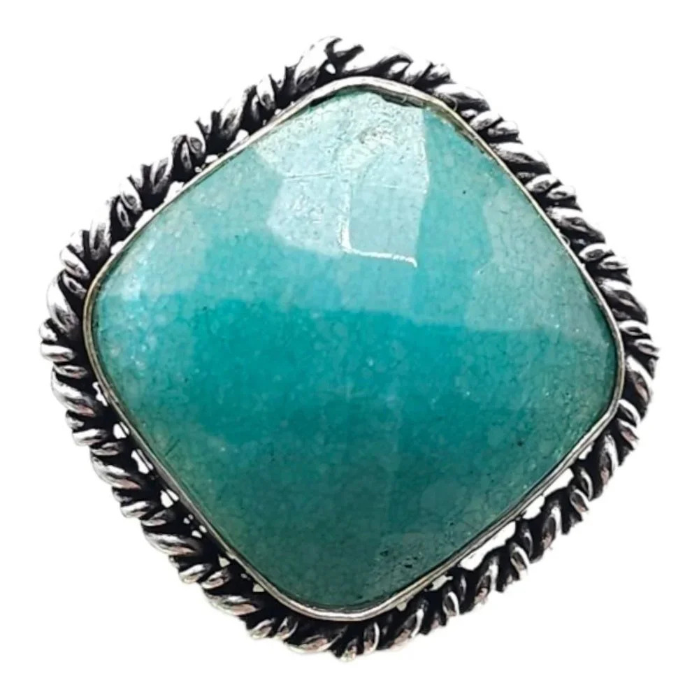 Silver Plated Square Blue Aquamarine Gemstone Ring Silver Tone Size 6 Vintage